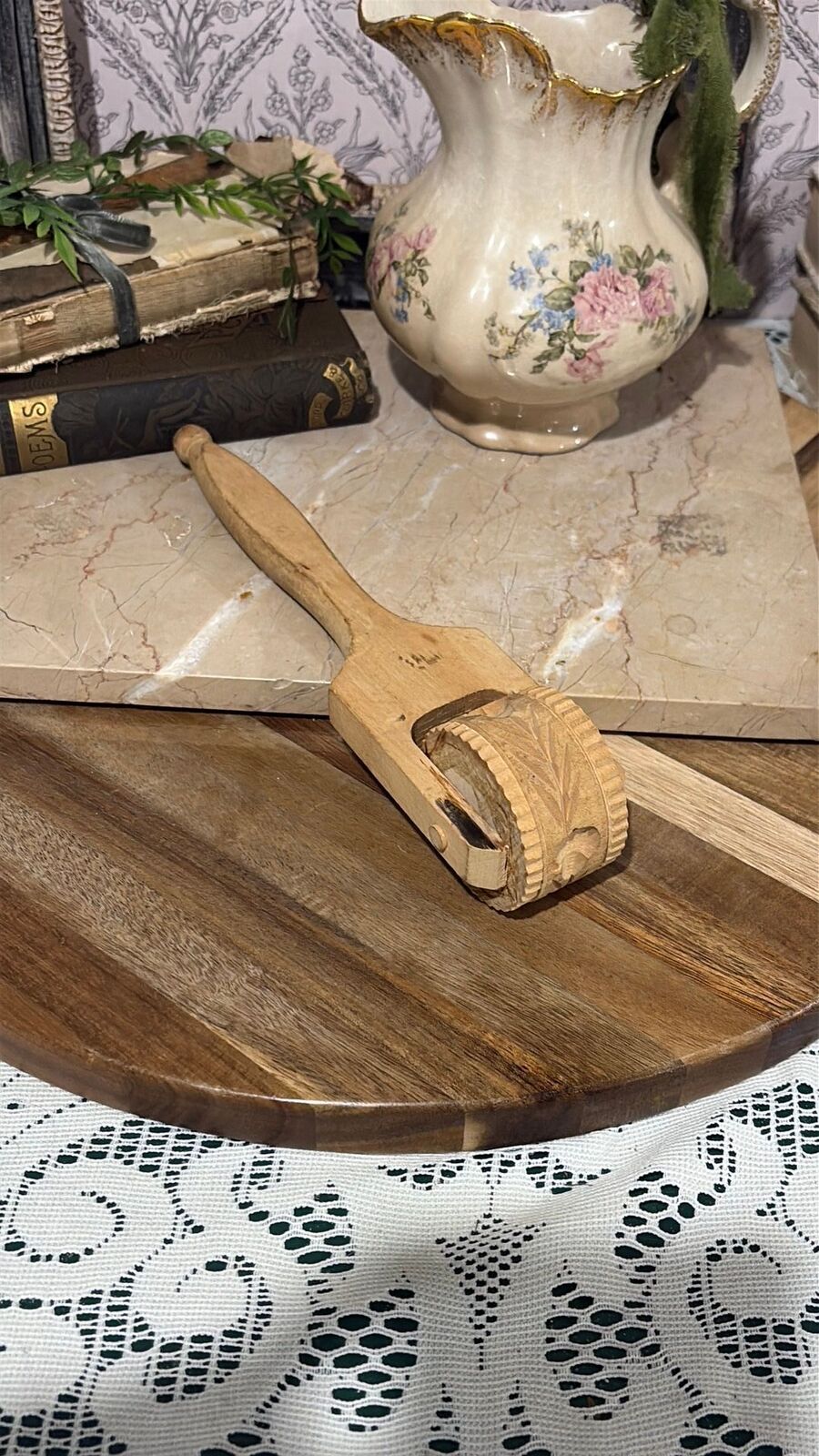 Primitive Wooden Butter Mold Paddle | Carved Floral Roller