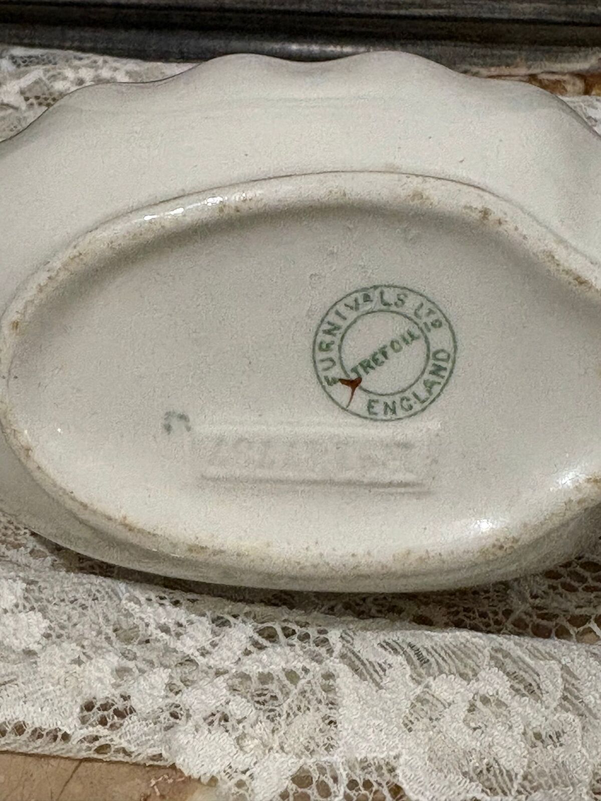 Furnivals England green transferware gravy boat