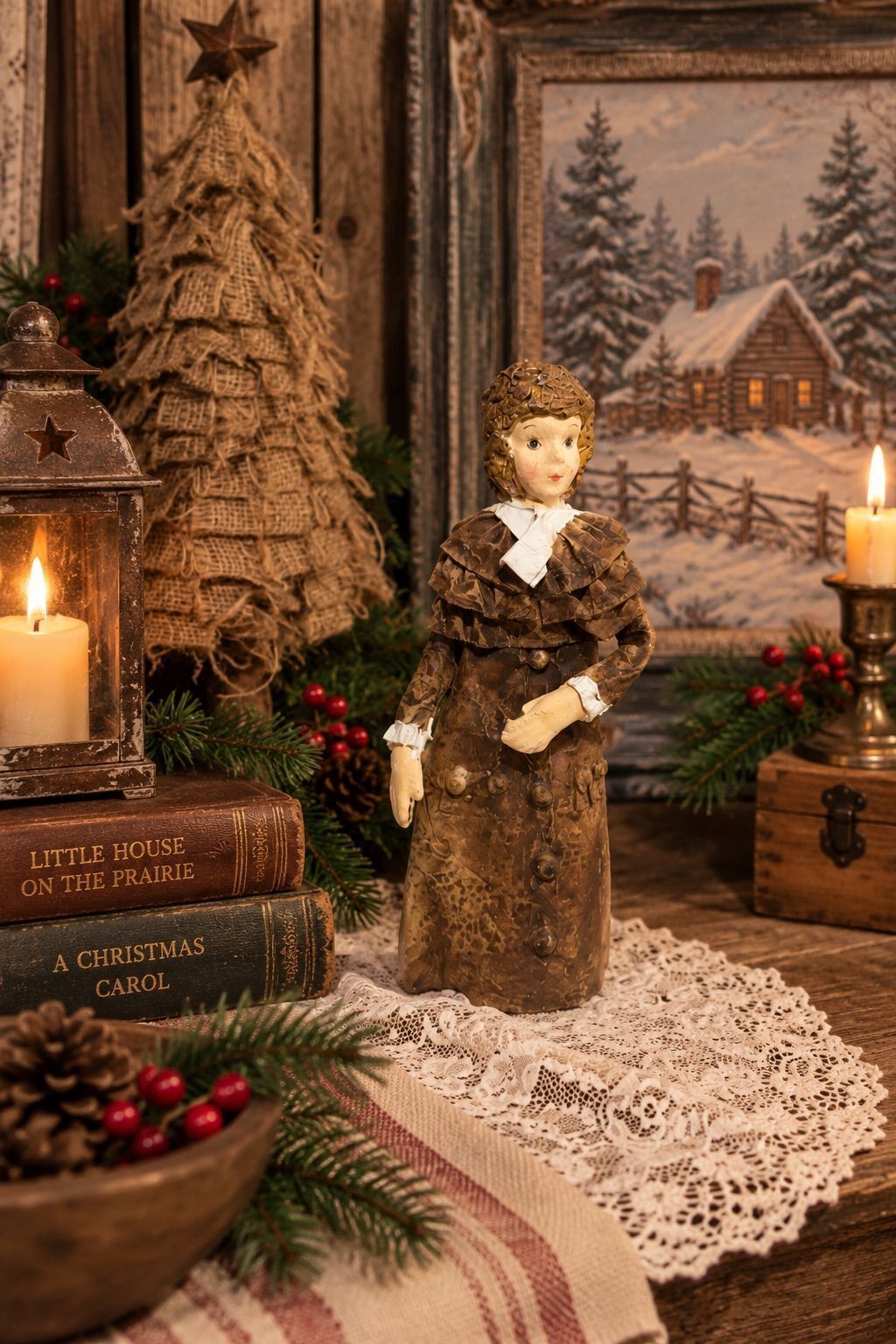 Vintage Papier Mâché Victorian Prairie Lady | Primitive Christmas Folk Art Figure