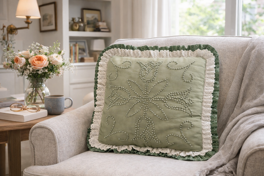 Vintage Cottage-Core Embroidered Pillow | Sage Green with Lace Ruffle