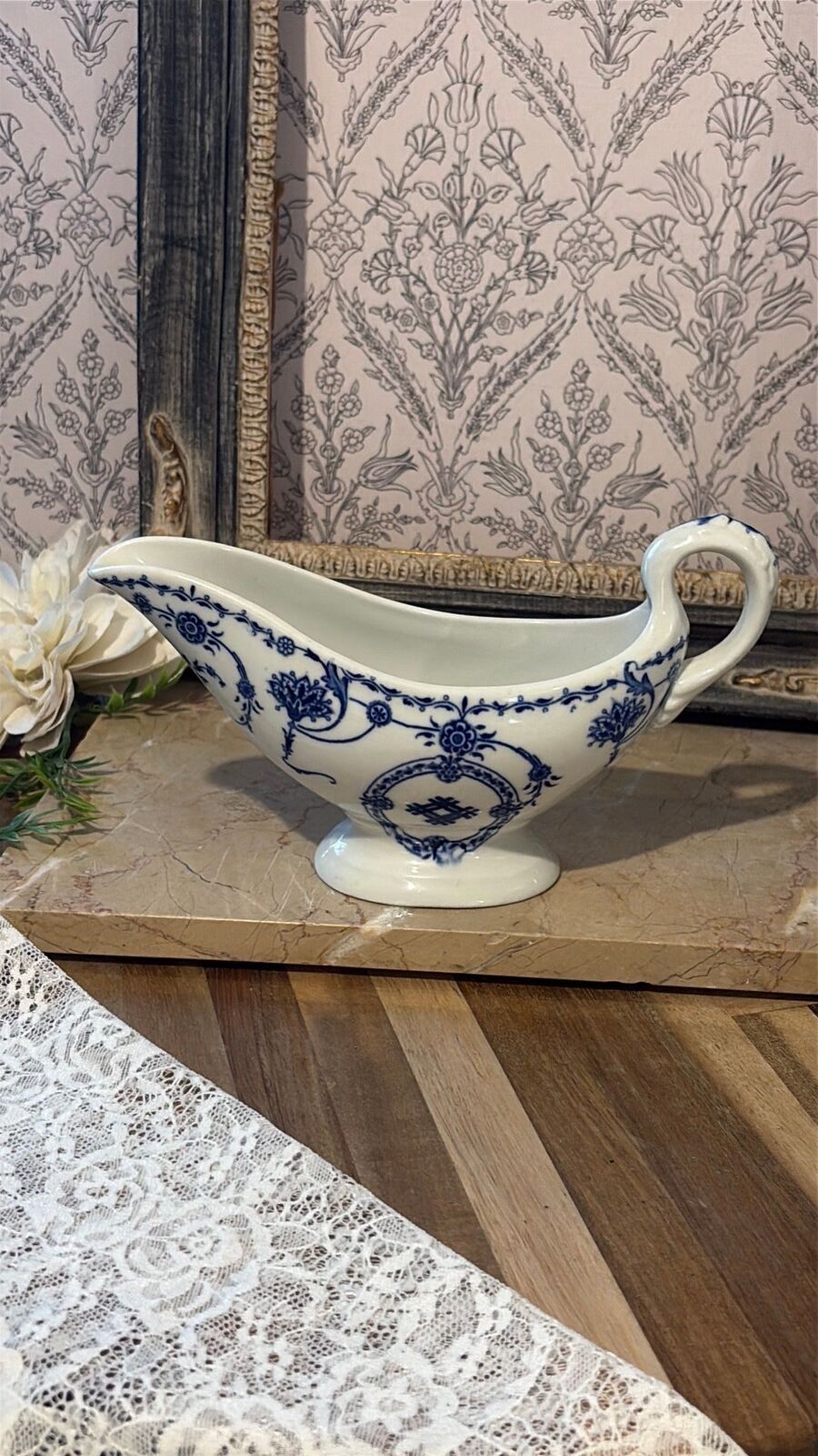 Blue and white gravy boat