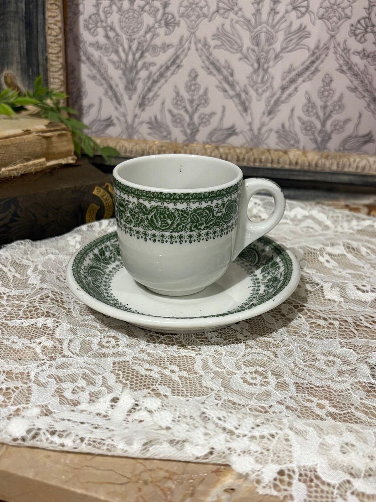 Mayer green transferware demitasse cup and saucer