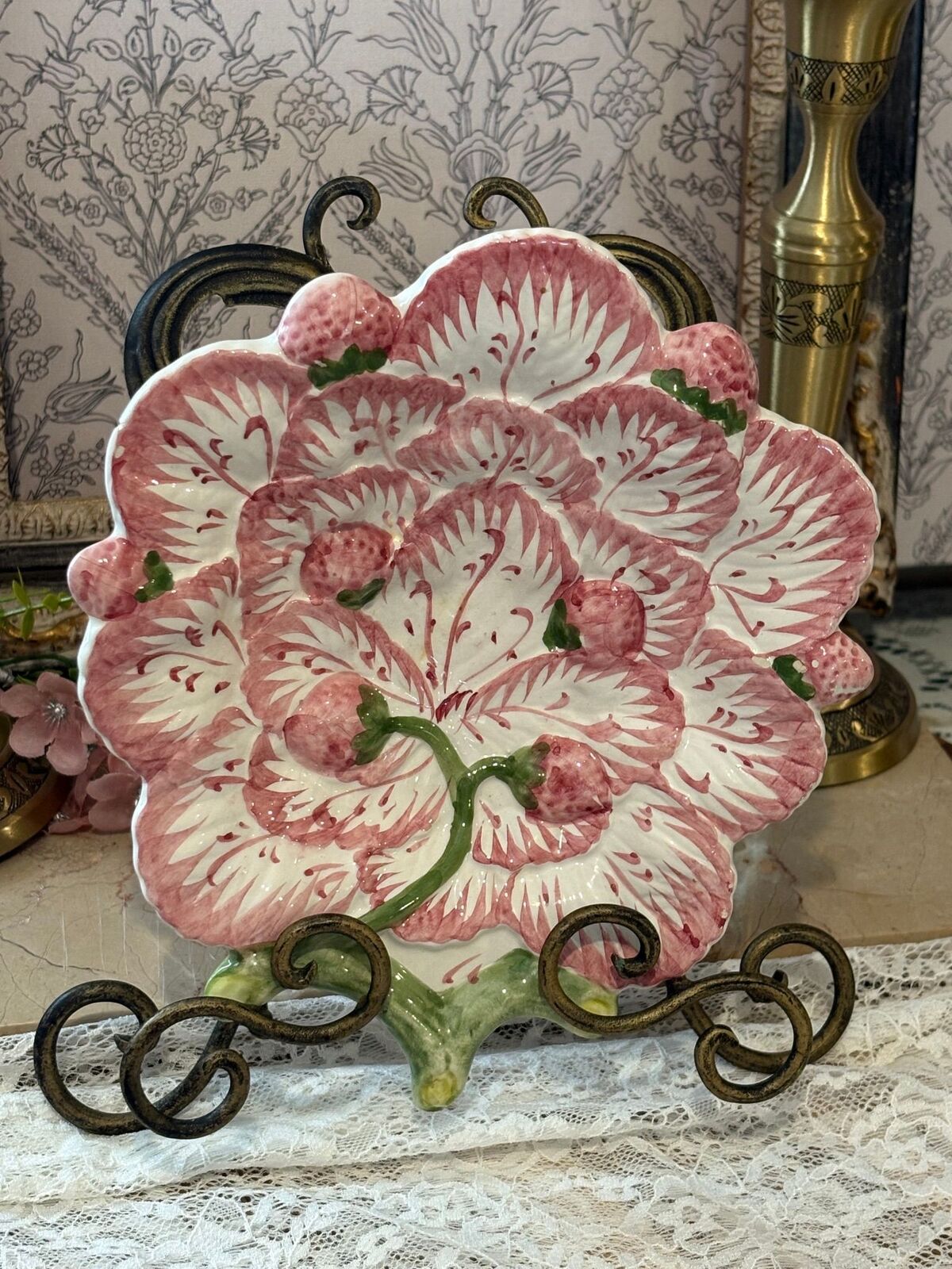 vintage Neuwirth strawberry and leaf majolica