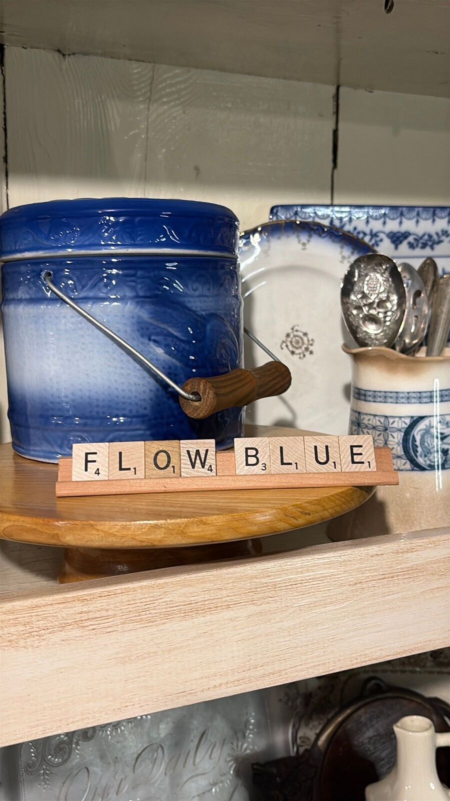 “Flow Blue” scrabble letter tiles