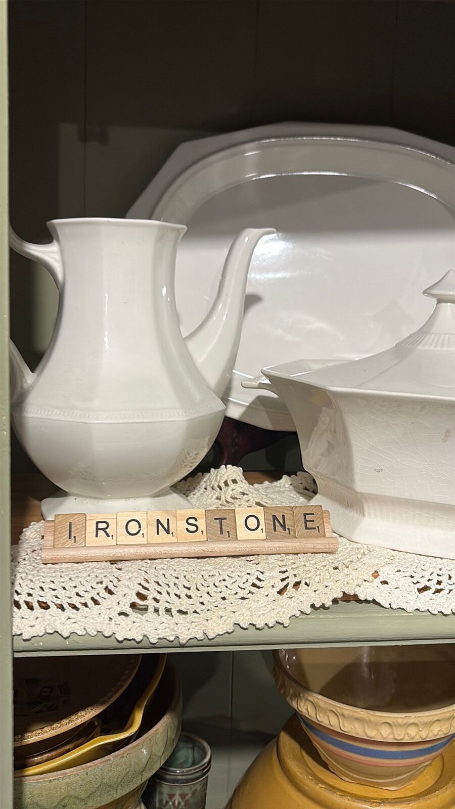 “Ironstone” scrabble letter tiles and stand