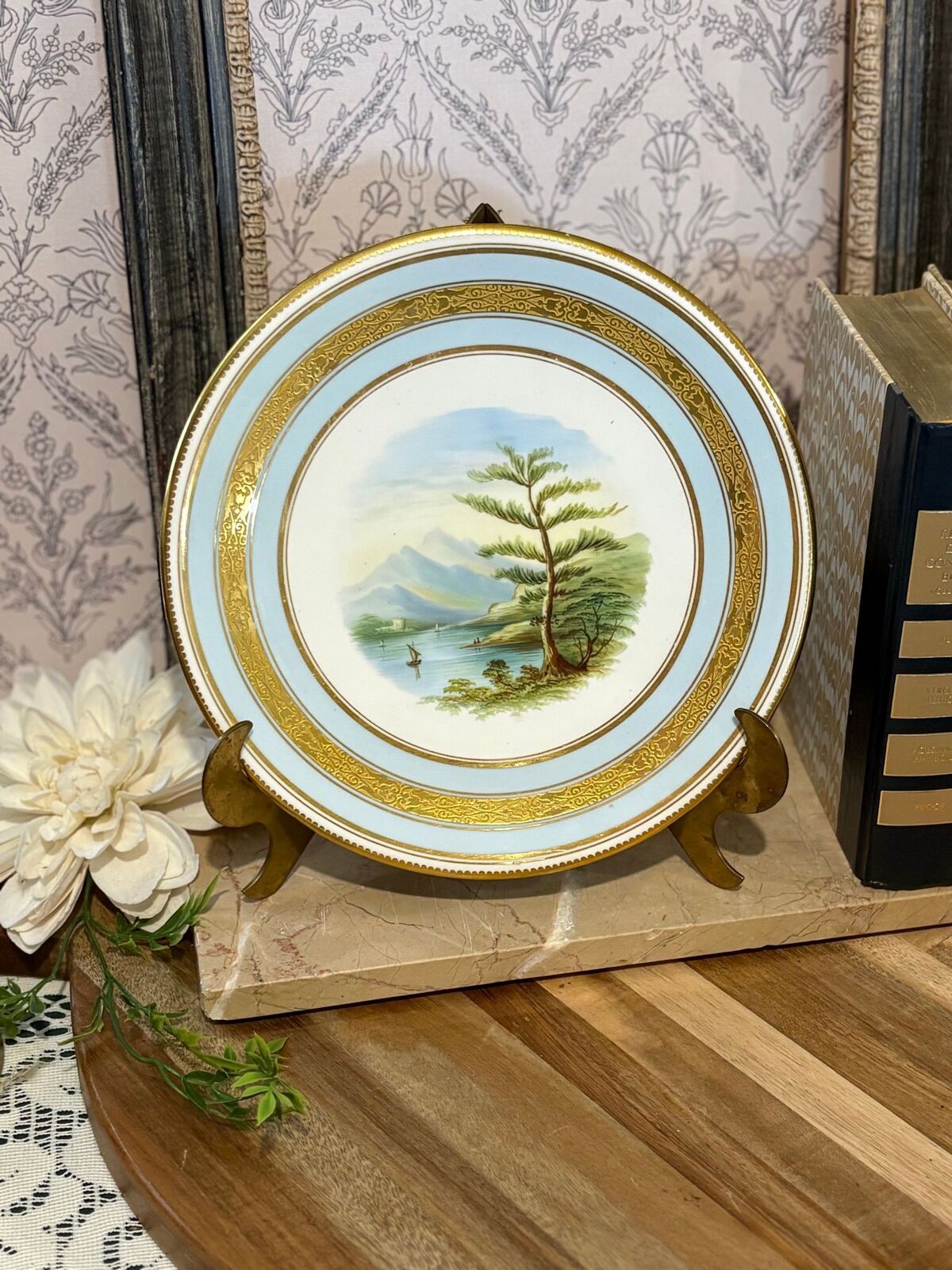 Blue and gold nature scenic decorative plate