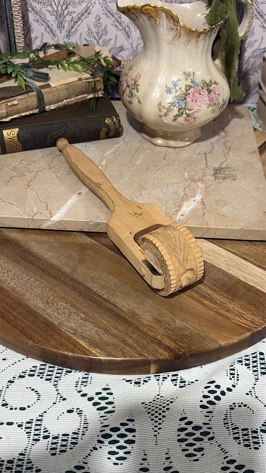 Primitive Wooden Butter Mold Paddle | Carved Floral Roller