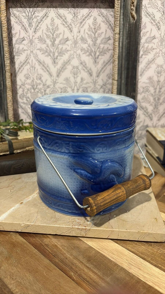 Ironstone blue flow salt glazed butter crock with wood handle