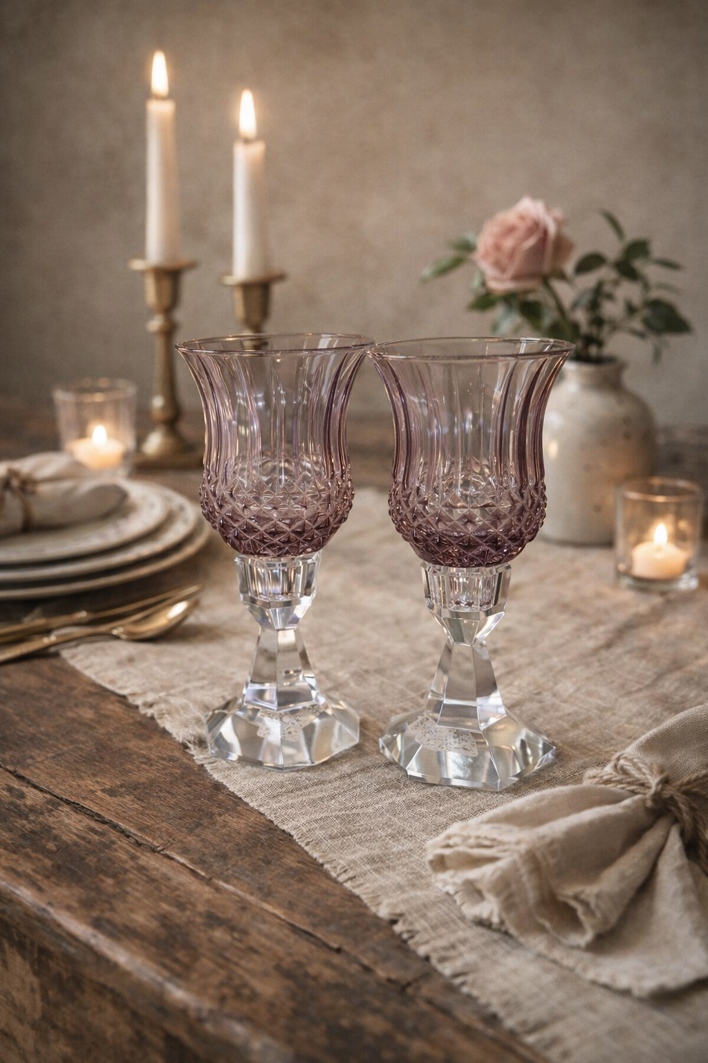 Vintage Amethyst Glass Candle Holders – Two-Piece / Detachable – Set of 2