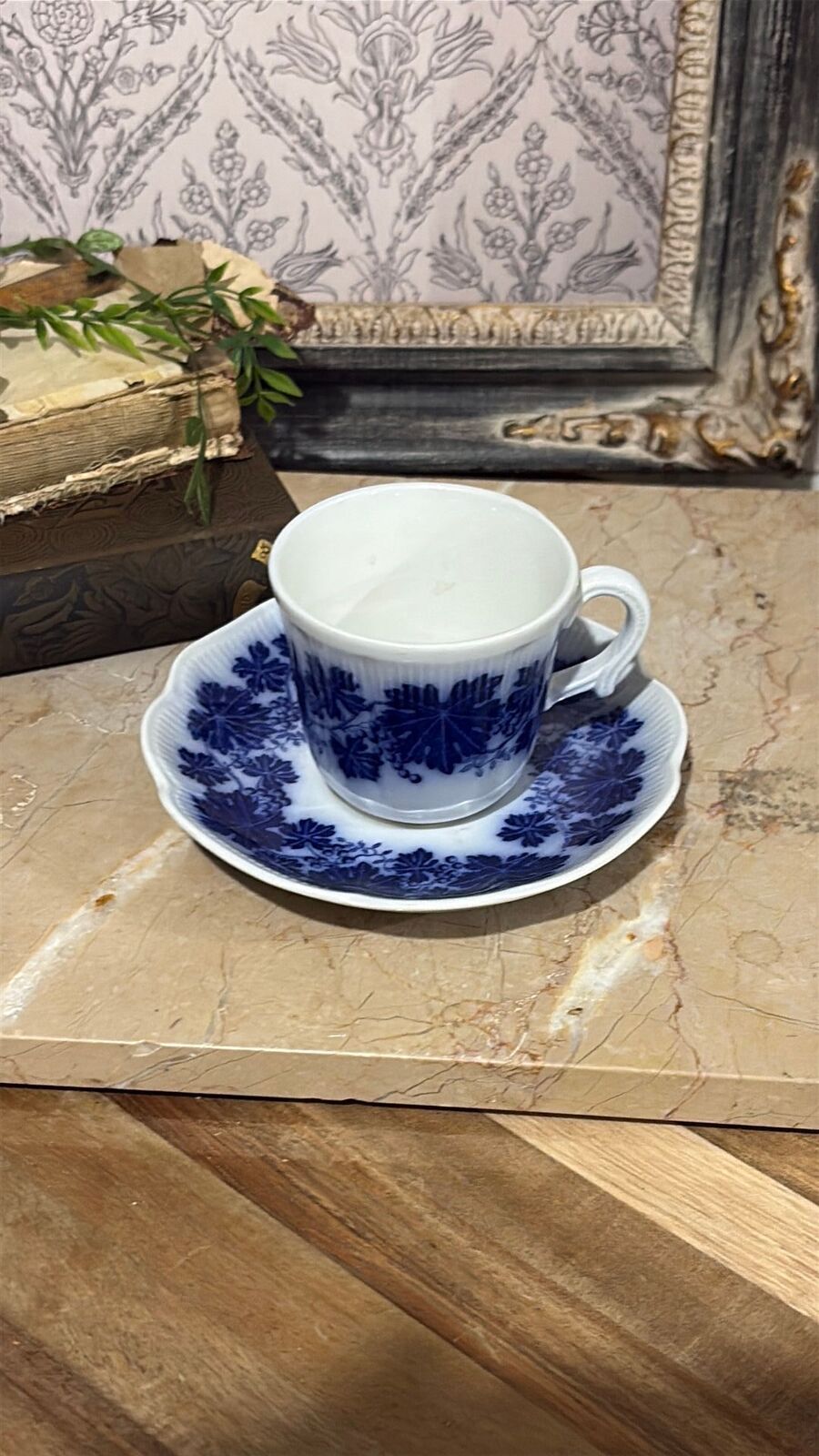 Flow blue cup and saucer Sweden