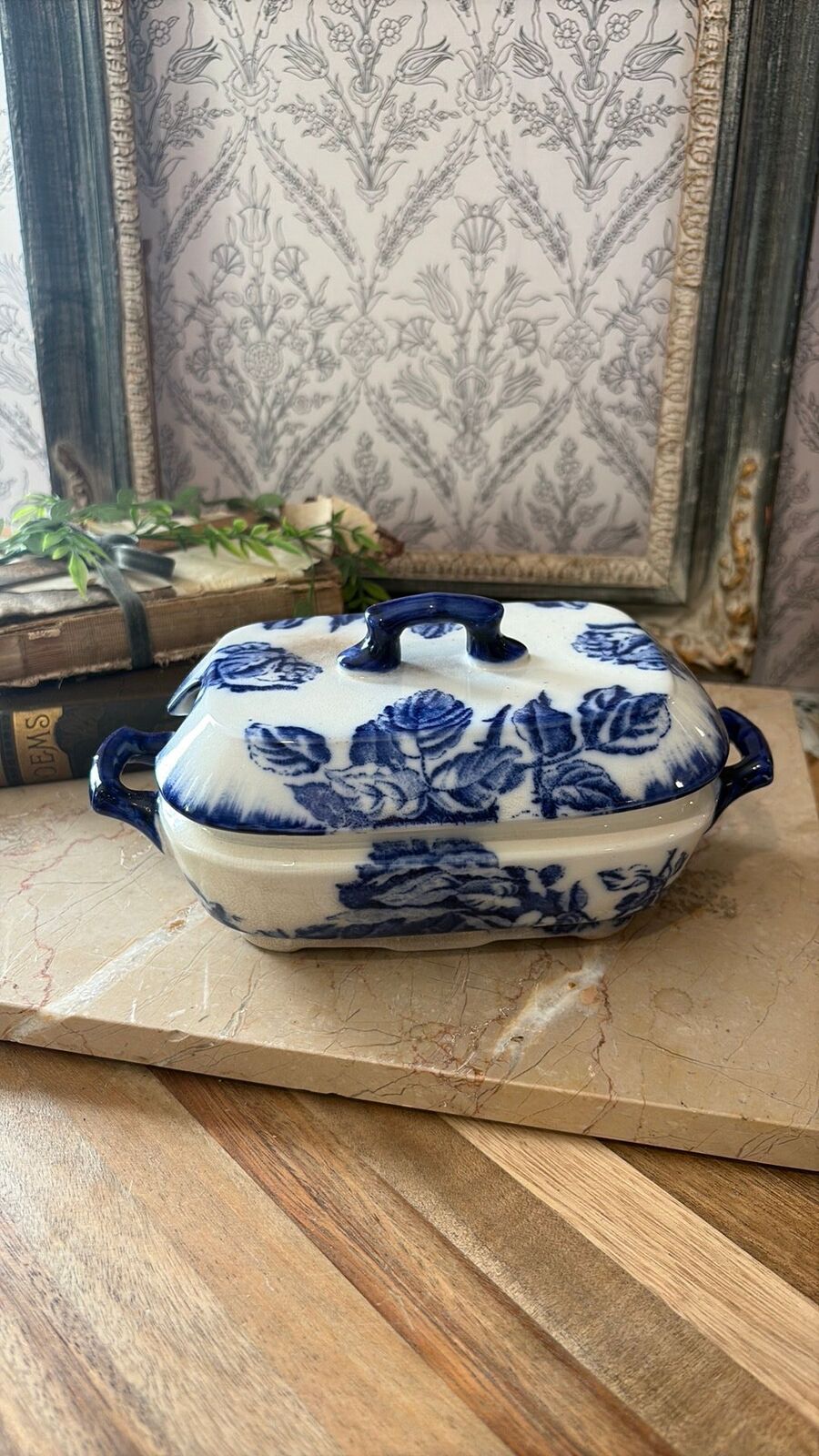Staffordshire England Ironstone rectangular serving dish with lid flow blue