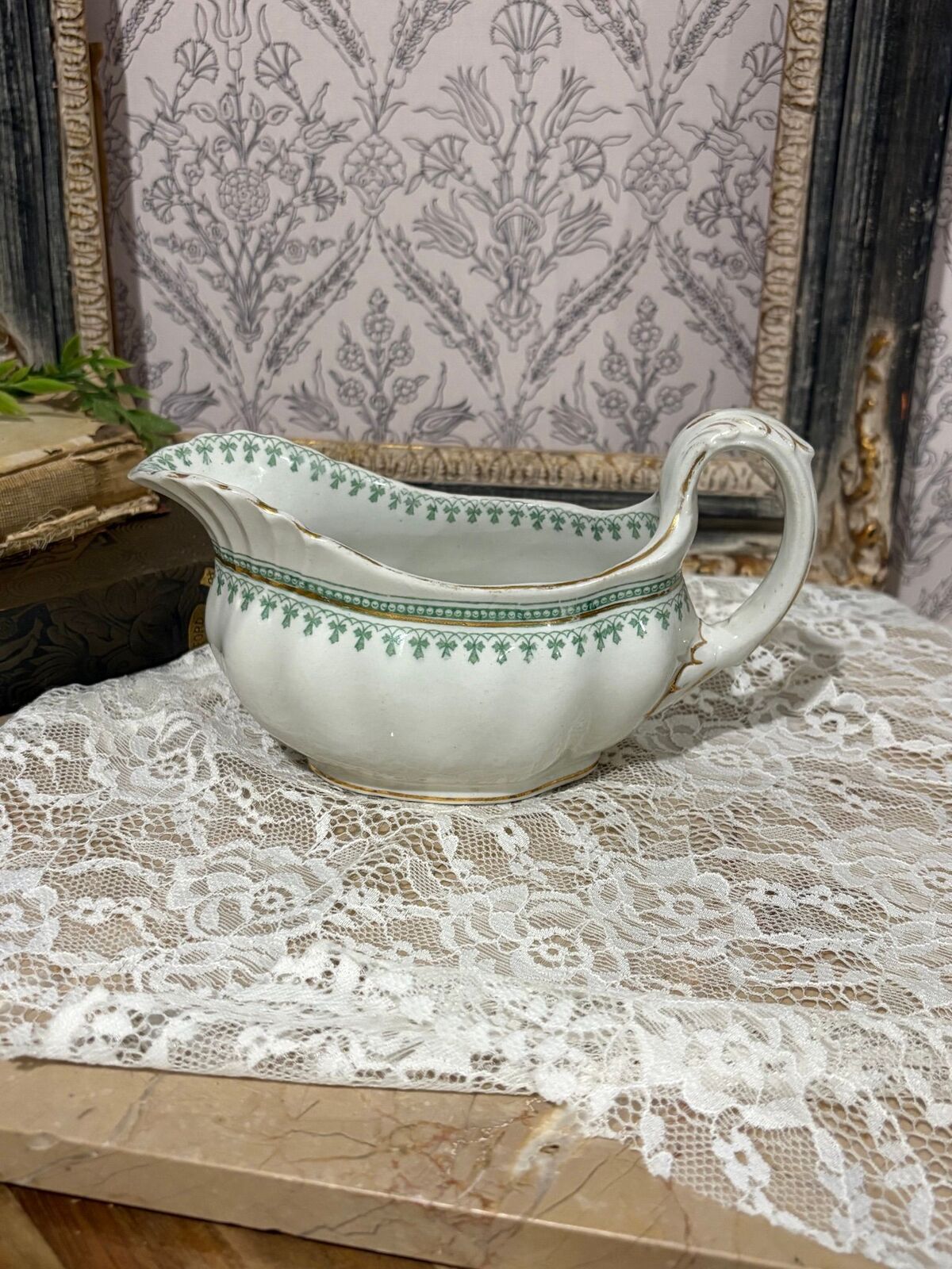 Furnivals England green transferware gravy boat