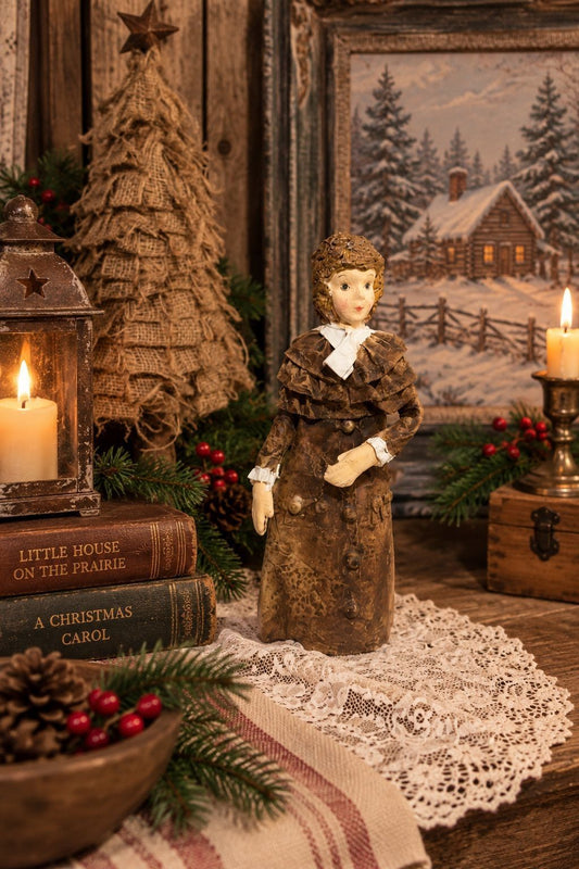 Vintage Papier Mâché Victorian Prairie Lady | Primitive Christmas Folk Art Figure
