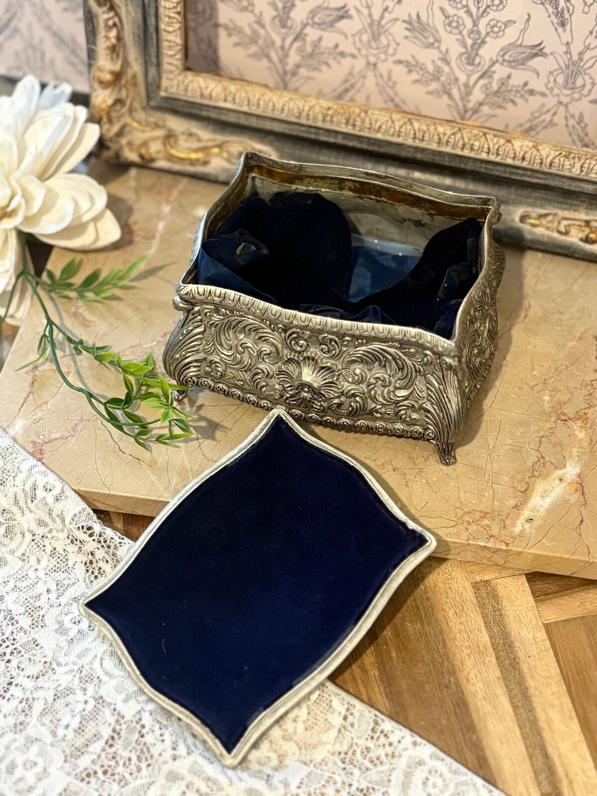 Large Silver blue velvet lined Jewelry Casket(inner lining not fully attached)