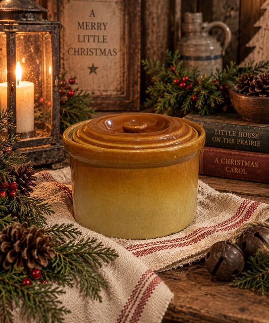 Vintage Small Brown Glazed Stoneware Crock with Lid | Primitive Farmhouse Kitchen