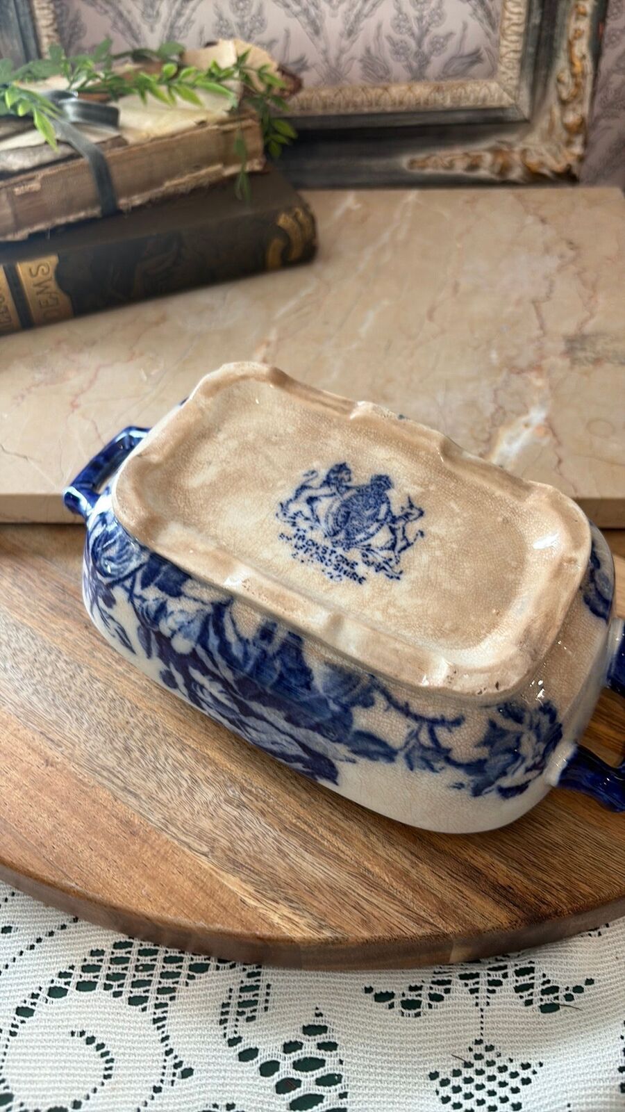 Staffordshire England Ironstone rectangular serving dish with lid flow blue