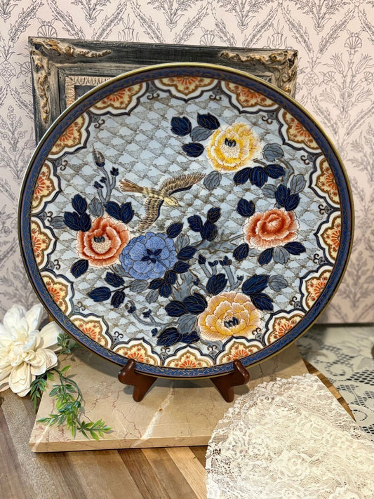 Large Vintage Japanese Imari Chinoiserie Porcelain Serving Platter | Bird & Floral | Hand Decorated | Made in Japan