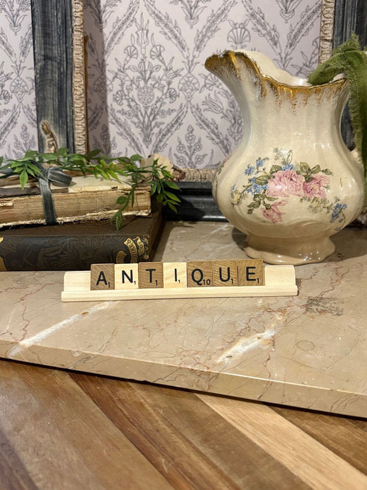 Scrabble “antique” letter tiles & stand