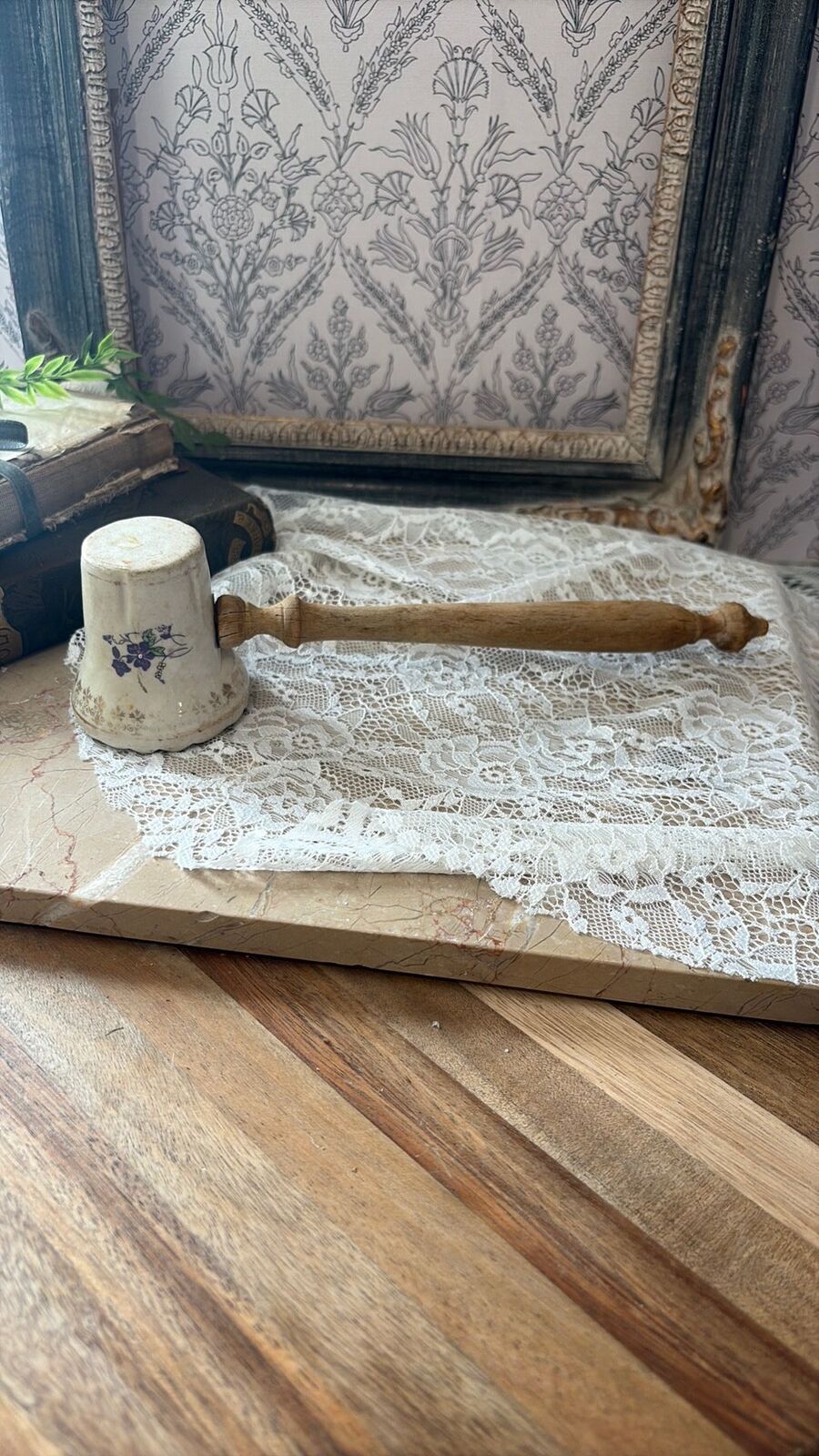 Primitive, ceramic and wood meat tenderizer lilac print
