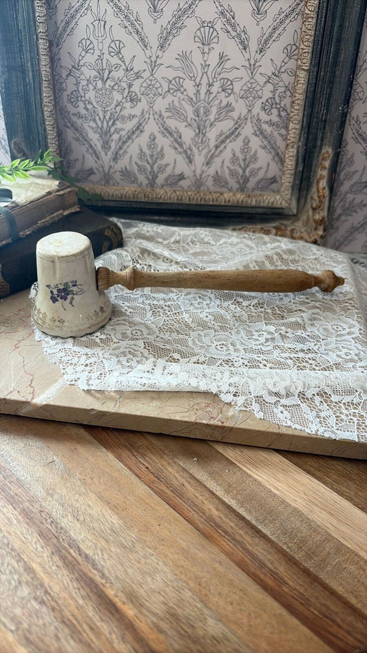 Primitive, ceramic and wood meat tenderizer lilac print