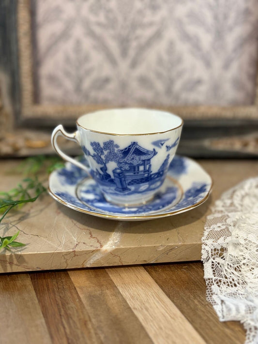 RARE TRENTHAM - FLOW BLUE - CUP & SAUCER "PAGODA