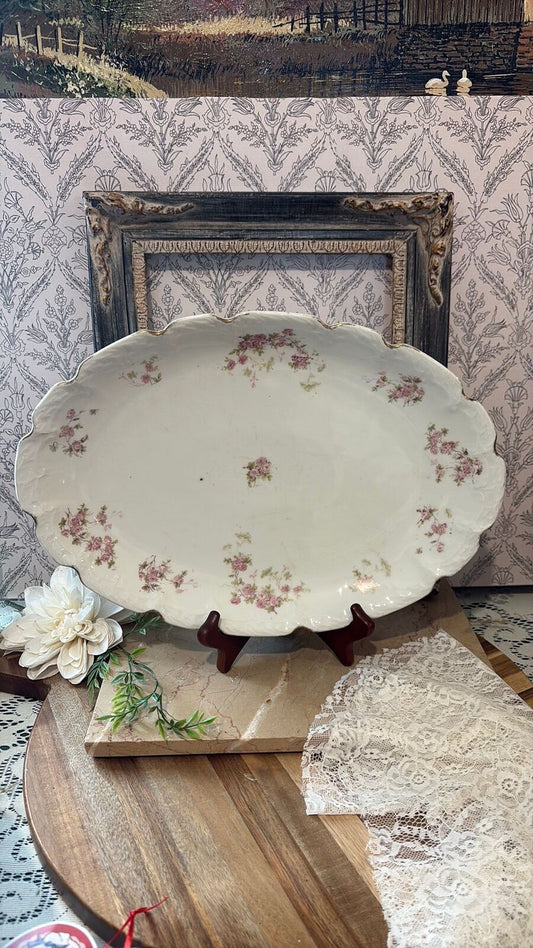Antique Victorian Pink Rose Sprig Oval Serving Platter 16.25in  | Embossed Gilt Rim | c. 1890–1910