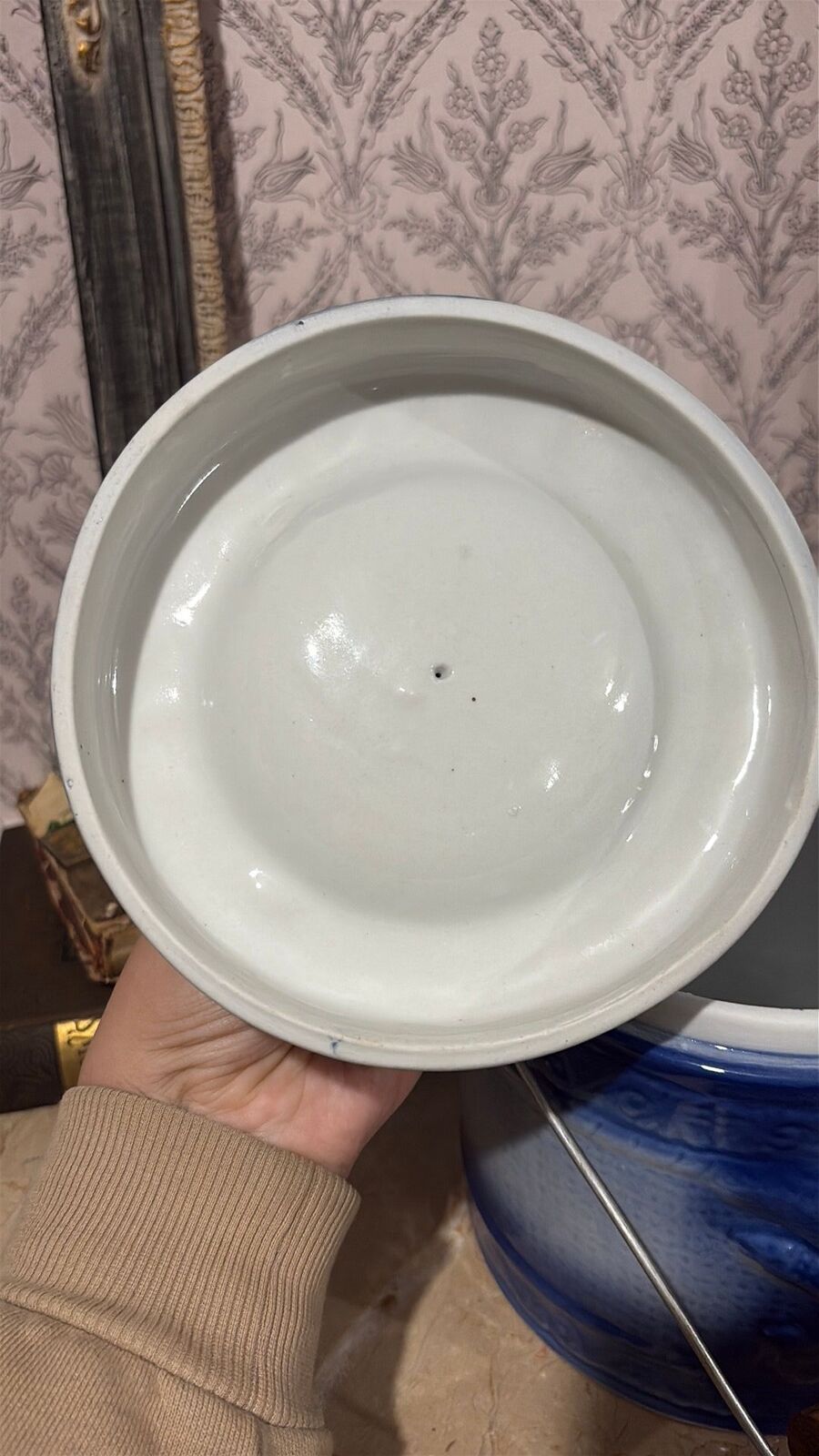 Ironstone blue flow salt glazed butter crock with wood handle