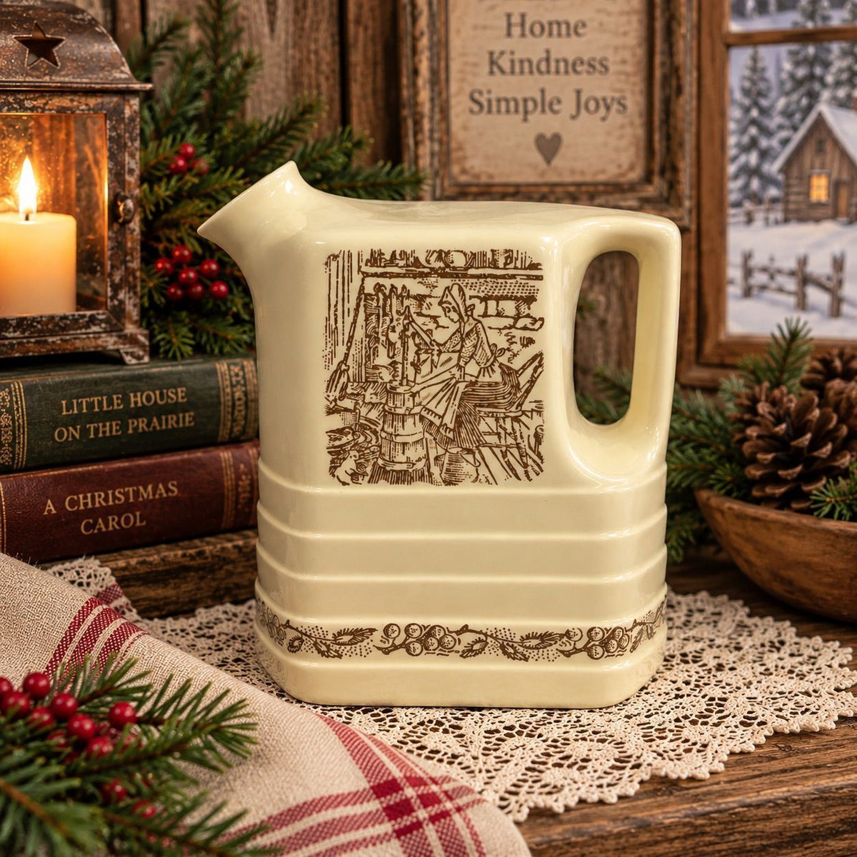 Vintage Universal Cambridge Refrigerator Pitcher | Brown transferware Pioneer Scene | Made in USA