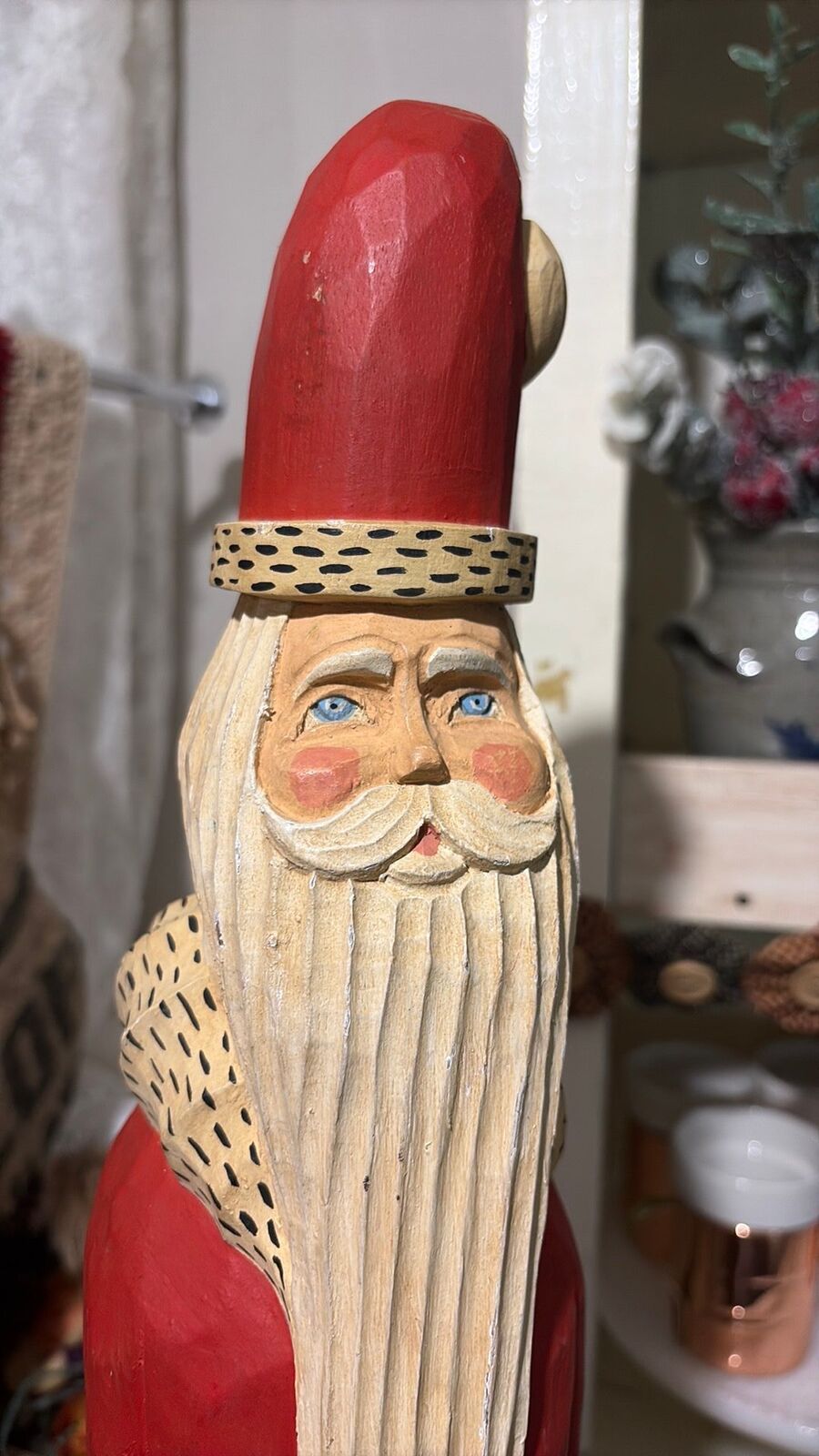Large 30” Artist Signed Hand-Carved Wooden Santa | Primitive Folk Art Christmas