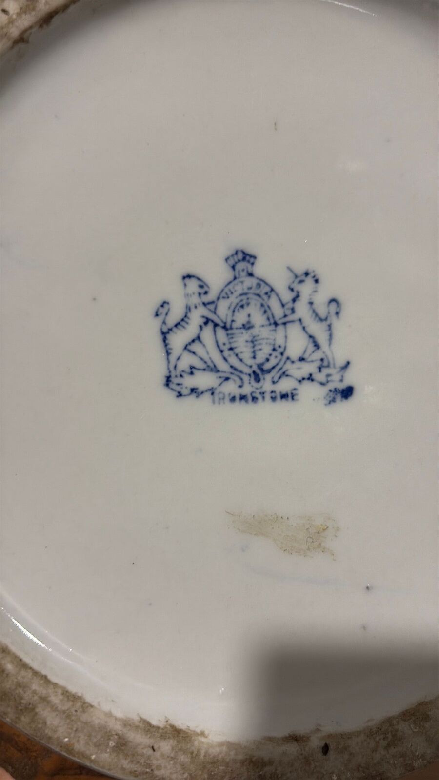 Ironstone blue flow salt glazed butter crock with wood handle