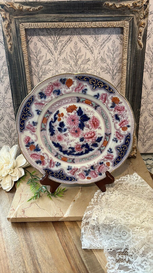 Antique Cauldon England Polychrome Floral Cabinet Plate | Cobalt Blue & Pink Transferware | Scalloped English China c.1905–1920