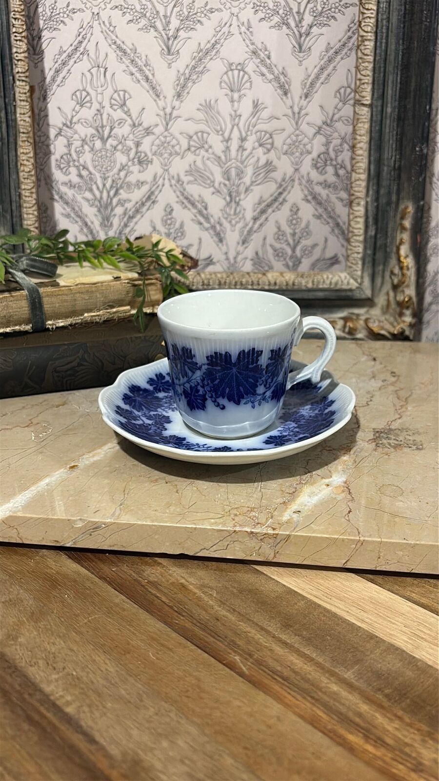 Flow blue cup and saucer Sweden