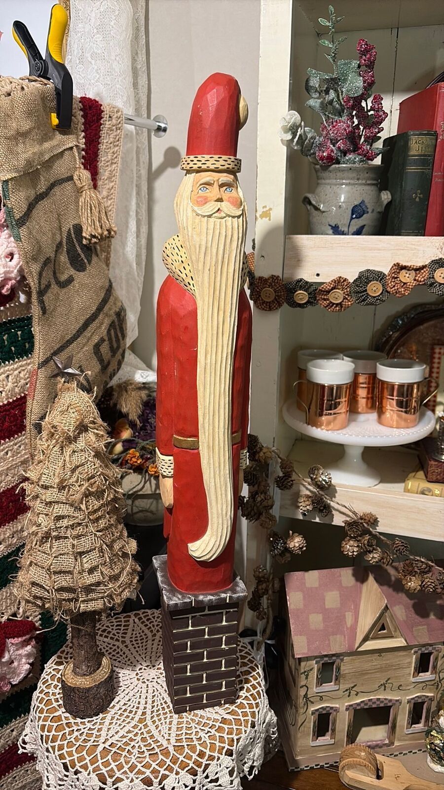 Large 30” Artist Signed Hand-Carved Wooden Santa | Primitive Folk Art Christmas