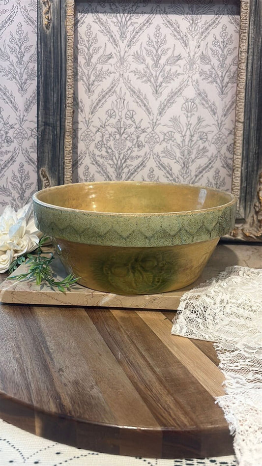 Vintage Apple Green & Yellow Pottery Mixing Bowl | Embossed Fruit | 9” Farmhouse Kitchen Bowl