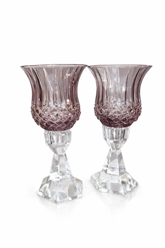 Vintage Amethyst Glass Candle Holders – Two-Piece / Detachable – Set of 2