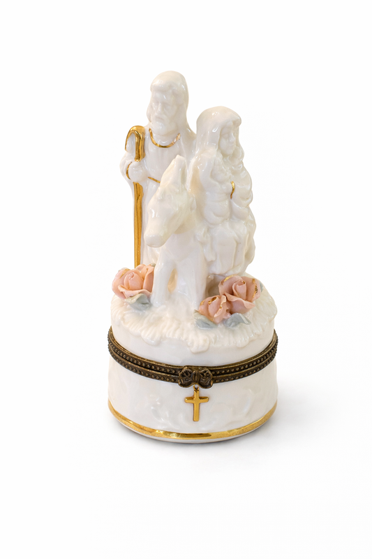 Vintage Holy Family Porcelain Trinket Box with Cross Clasp