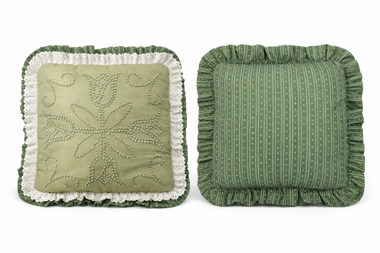 Vintage Cottage-Core Embroidered Pillow | Sage Green with Lace Ruffle