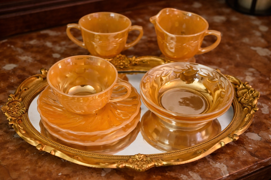 Vintage Fire-King Amber Lustre Tea Set – Leicester Pattern (5-Piece Set)