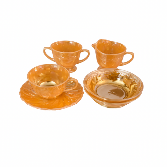 Vintage Fire-King Amber Lustre Tea Set – Leicester Pattern (5-Piece Set)