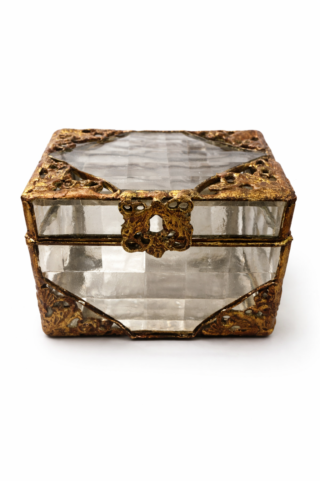 Vintage Beveled Glass Jewelry Box with Ornate Brass Filigree Trim – Clear Trinket Keepsake Box