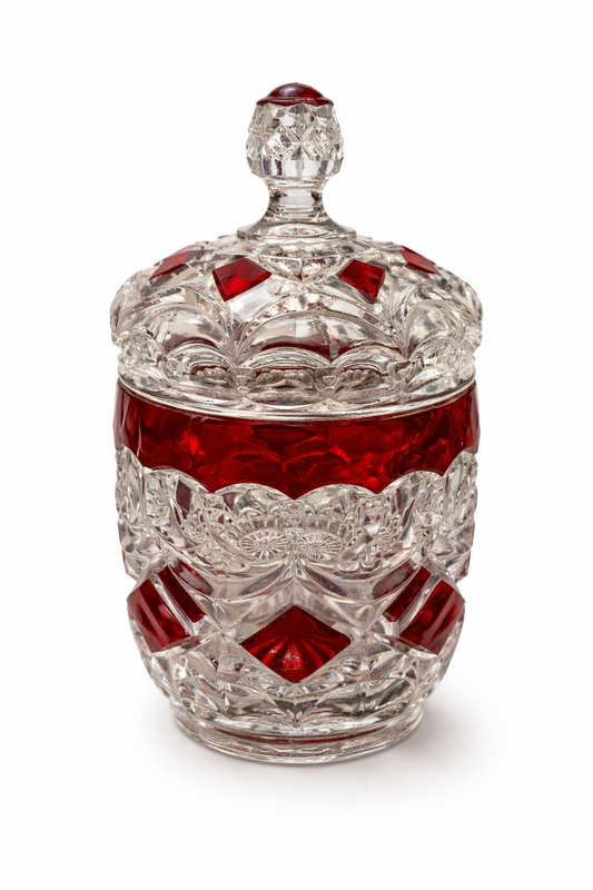 Vintage Ruby Cut to Clear Crystal Covered Glass Jar – Bohemian Style Candy / Vanity Jar with Lid