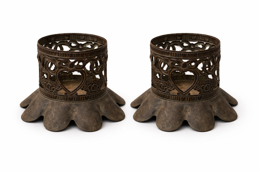 Vintage Cast Metal Heart Filigree Candle Holders – Pair | Antique Style Rustic Candlesticks | Gothic Cottage Decor