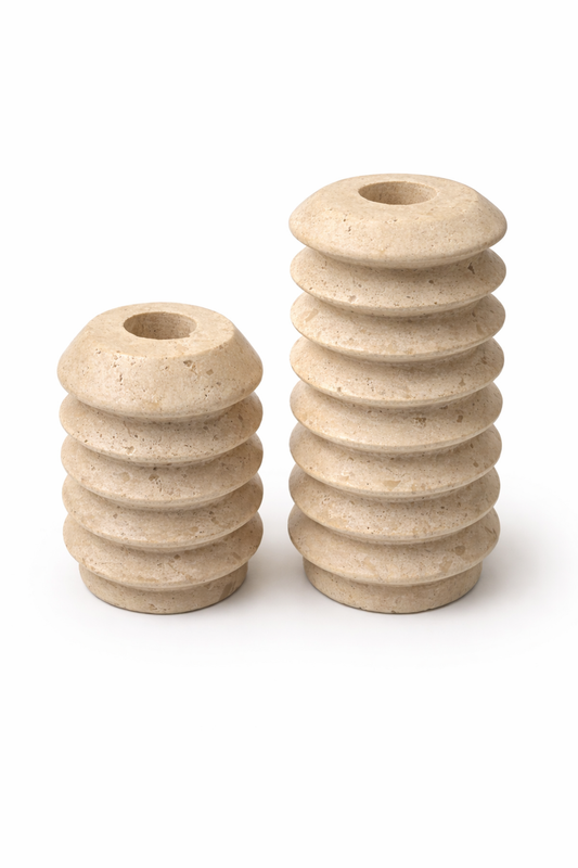 Travertine Stone Candlestick Holders – Set of 2 Ribbed Natural Stone Taper Candle Holders