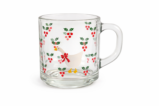 Vintage Cottagecore Goose Glass Mug with Holly Berries – Holiday Farmhouse Coffee Cup
