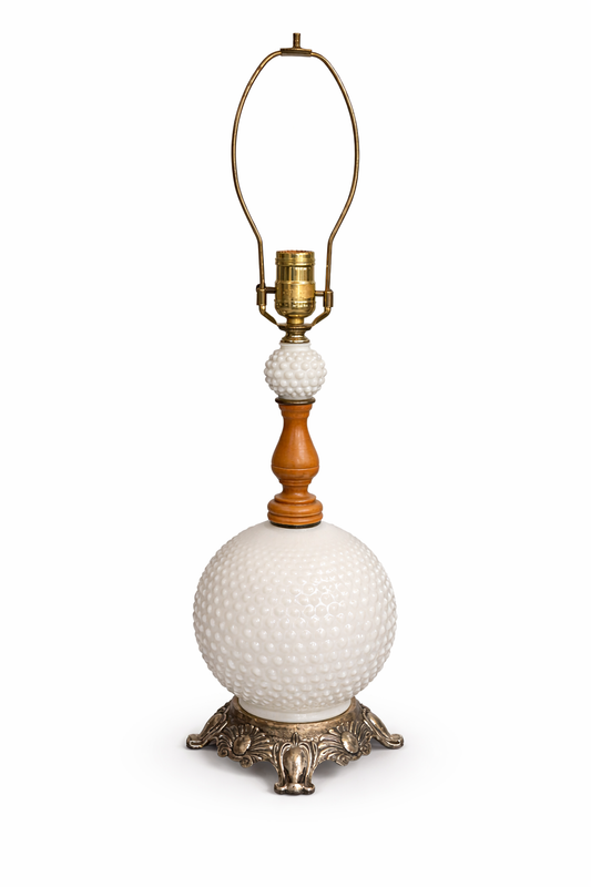 Vintage Milk Glass Hobnail Table Lamp with Brass Base & Wood Accent – Cottage Farmhouse Lighting