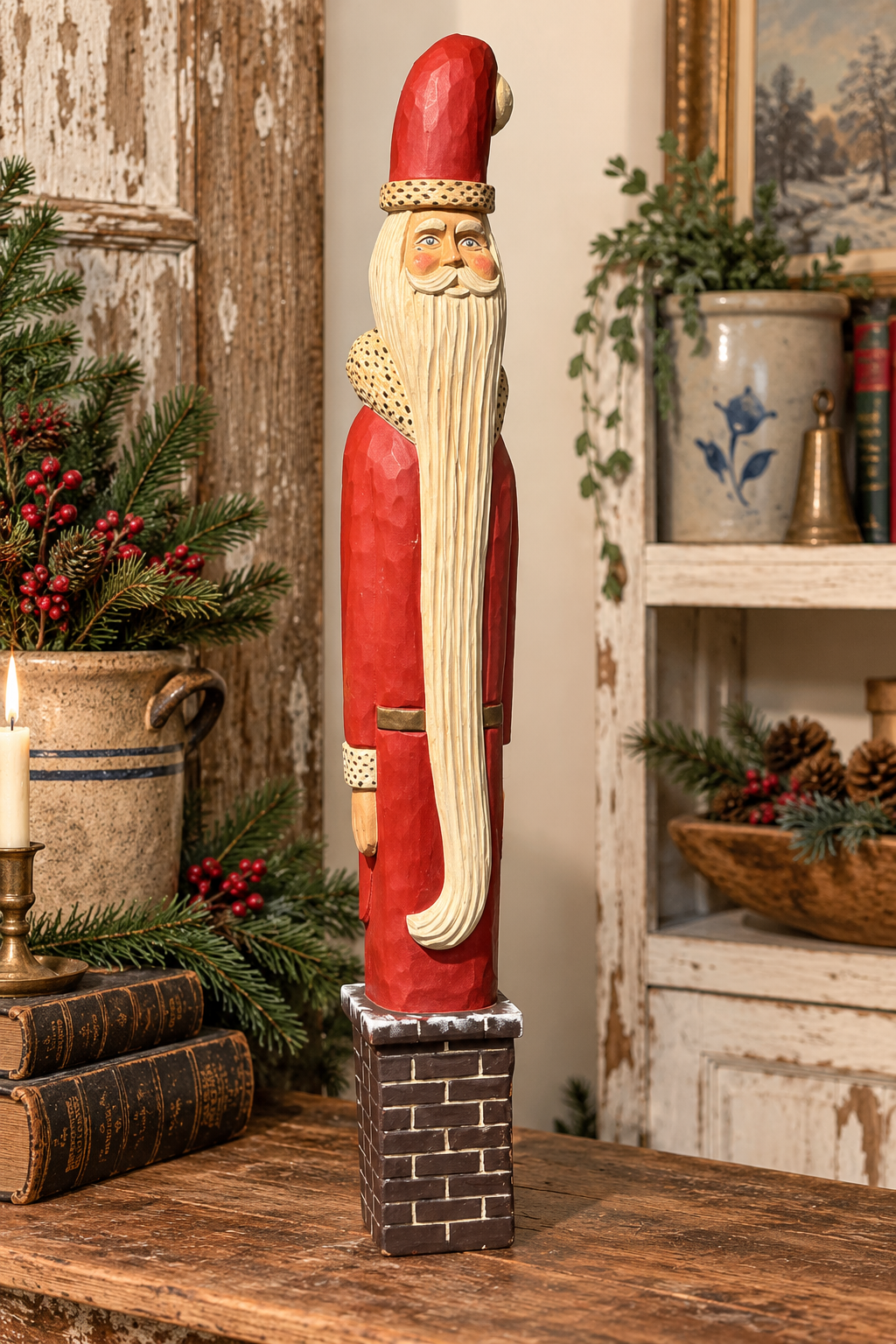 Large 30” Artist Signed Hand-Carved Wooden Santa | Primitive Folk Art Christmas