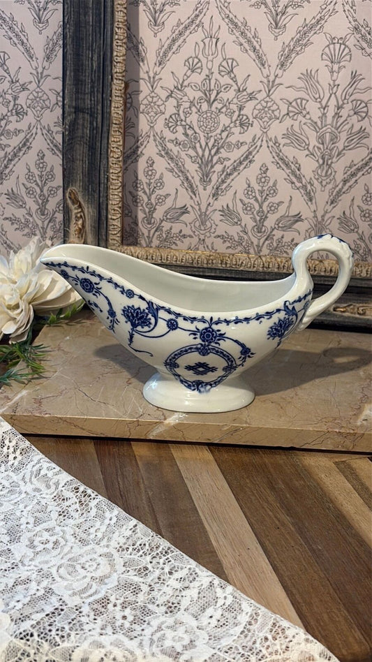 Blue and white gravy boat