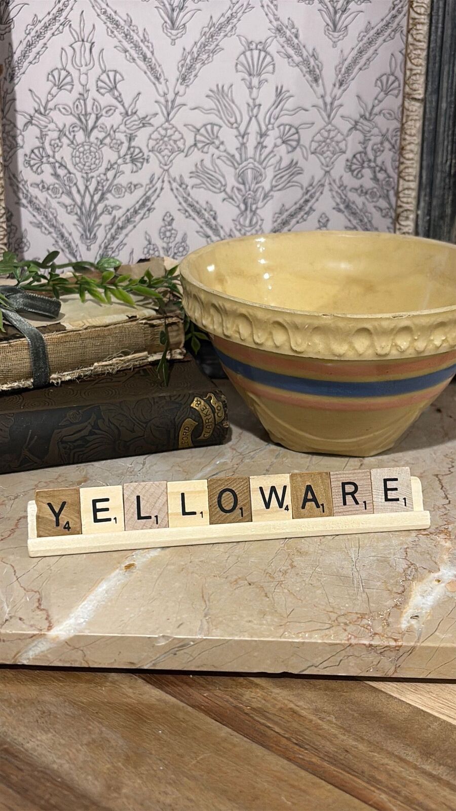 “Yelloware” scrabble letter tiles and stand