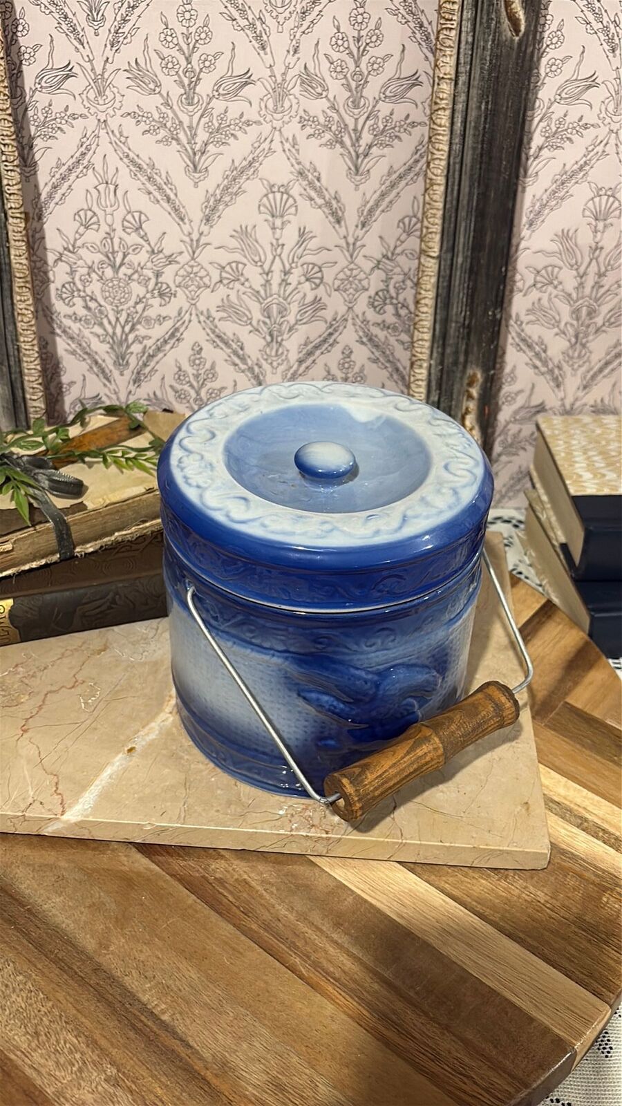 Ironstone blue flow salt glazed butter crock with wood handle