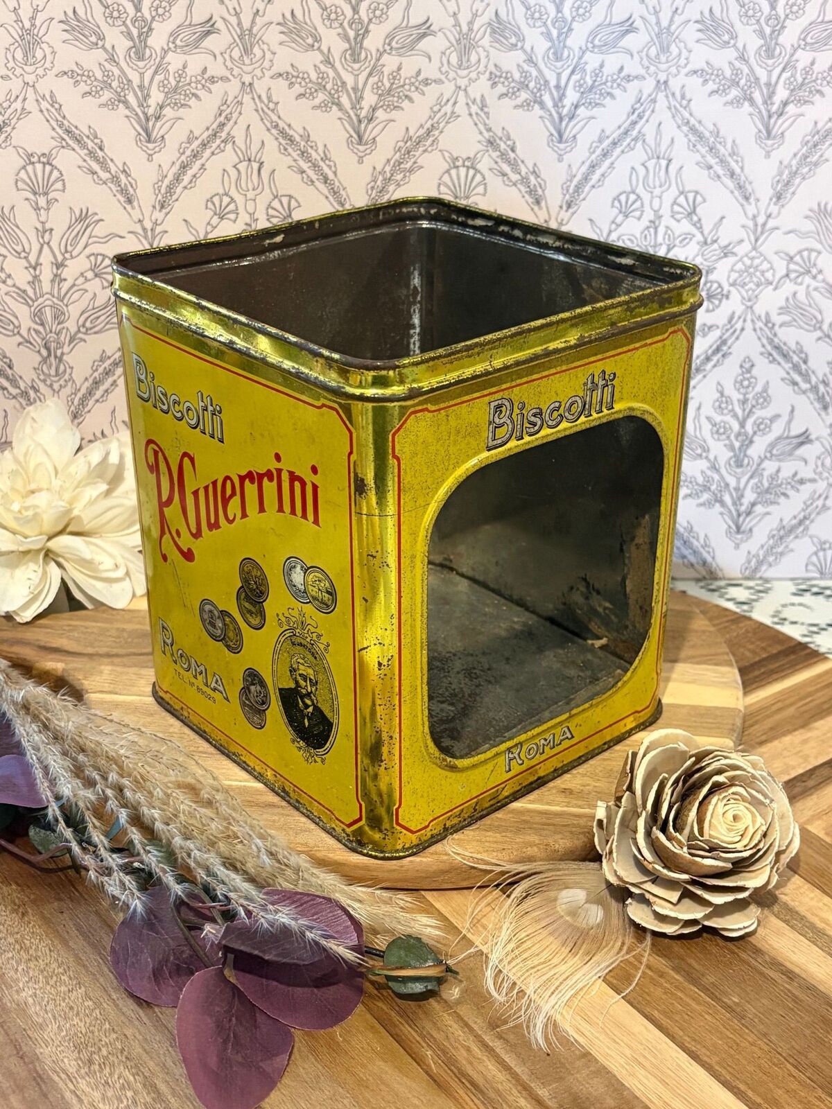 Vintage R Guerrini Biscotti Roma Tin Yellow w/store display front
